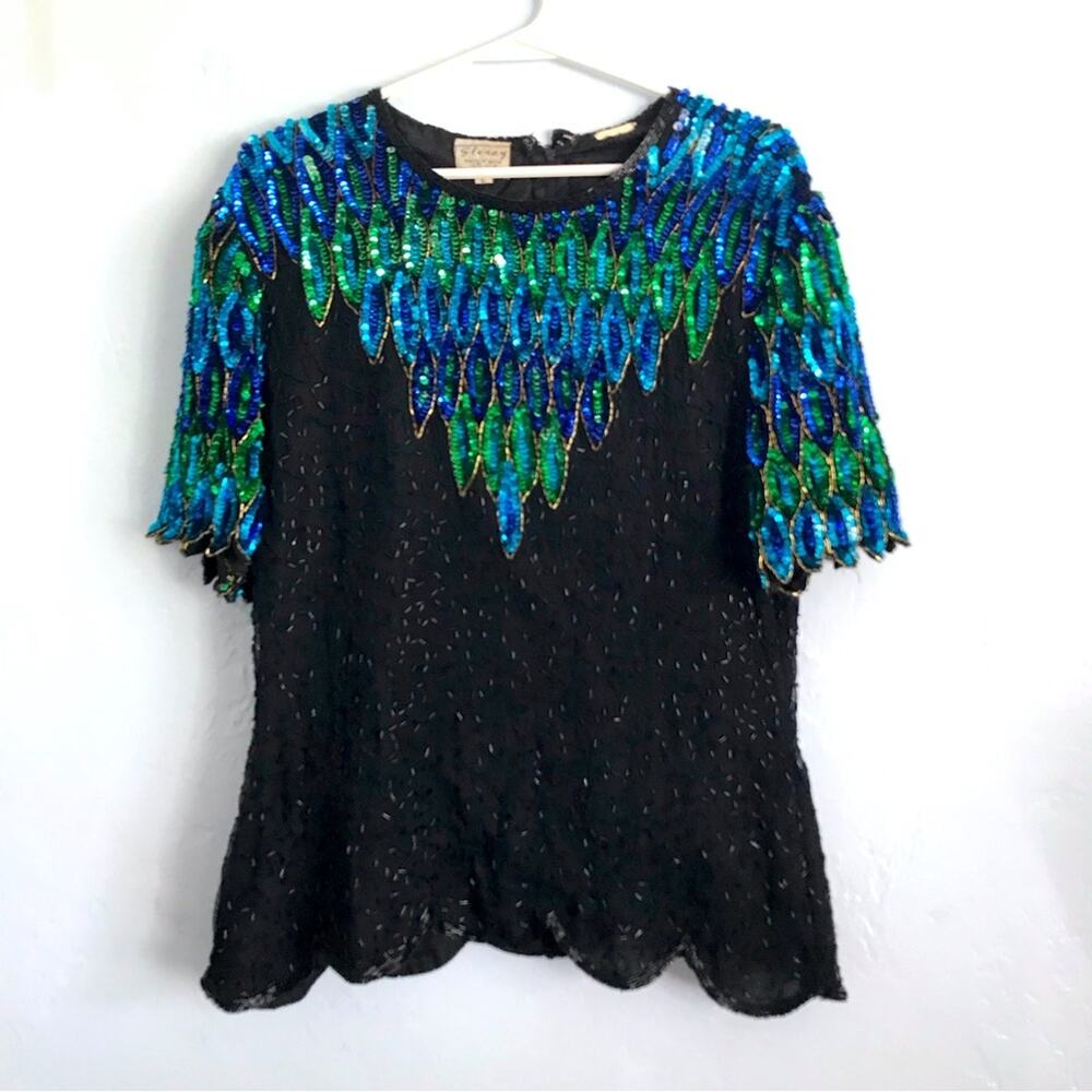 STENAY Vintage art Deco Gatsby Beaded Sequin Peacock 100% Silk evening top sz L